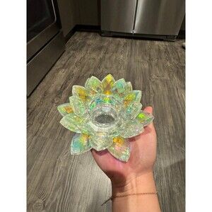 Pillar Candle Holder Iridescent Aurora Borealis Crystal Lotus Flower Centerpiece